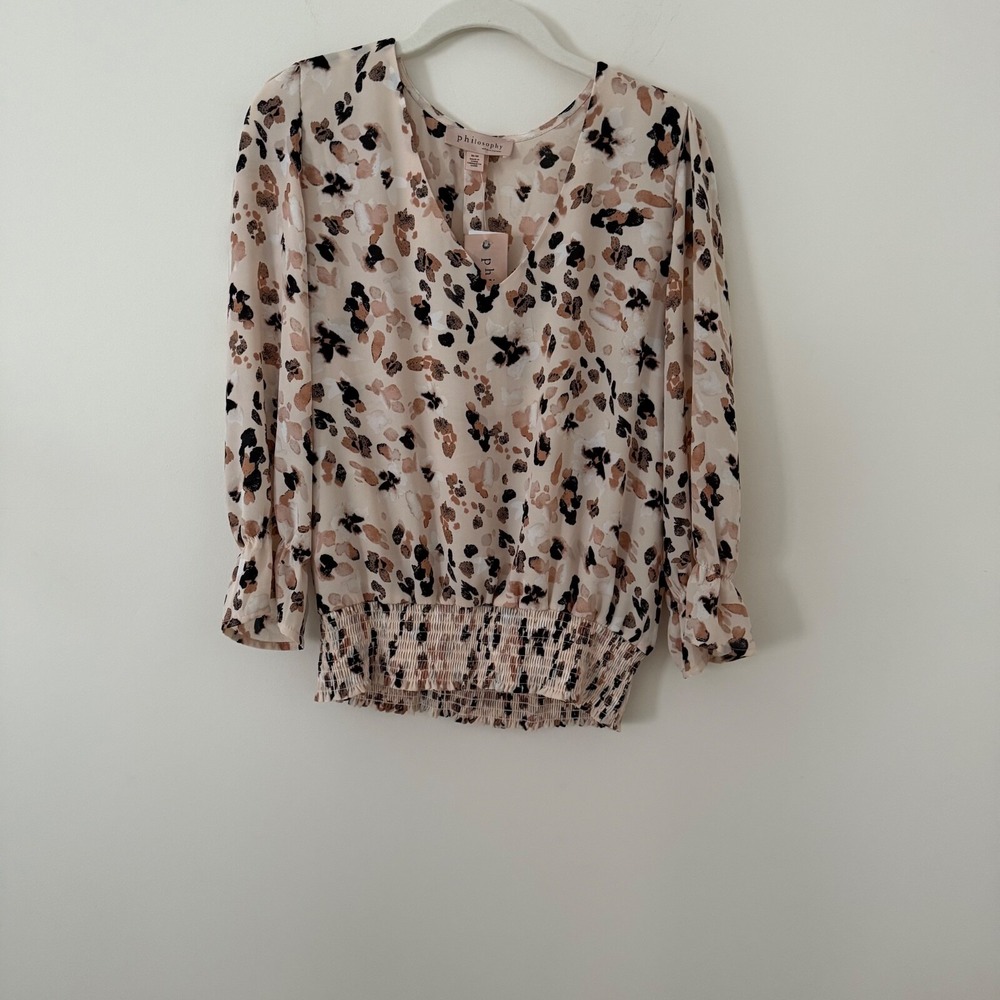 Philosophy Republic Women's M Boho Chic Ikat Animal Print Smocked Hem Blouse NWT